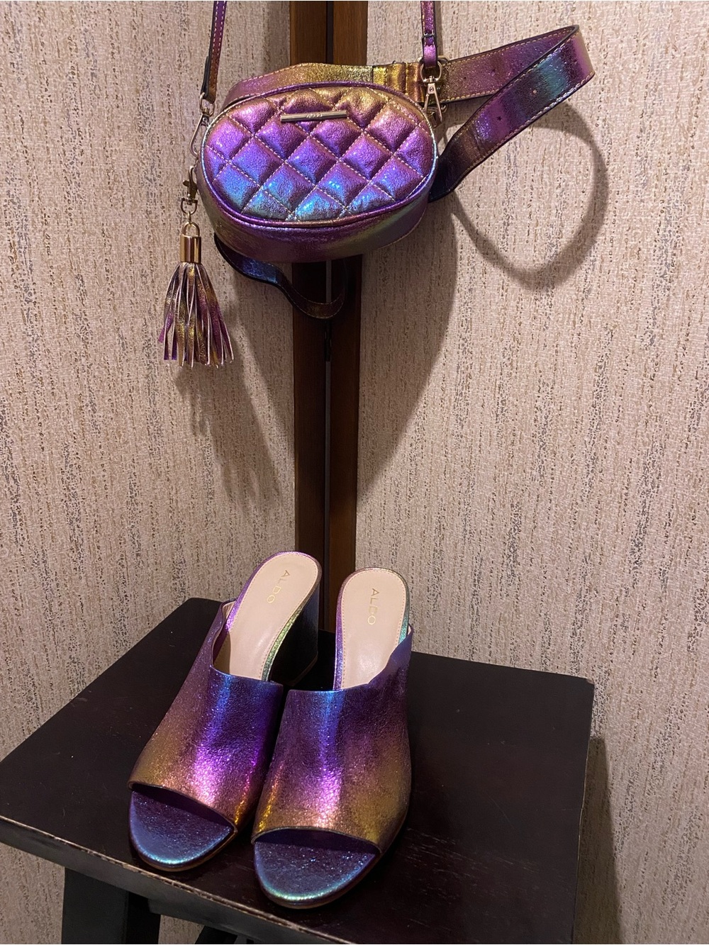 ALDO Rainbow Shimmer Slip-On Block Heel & Matching Purse/Belt Bag
